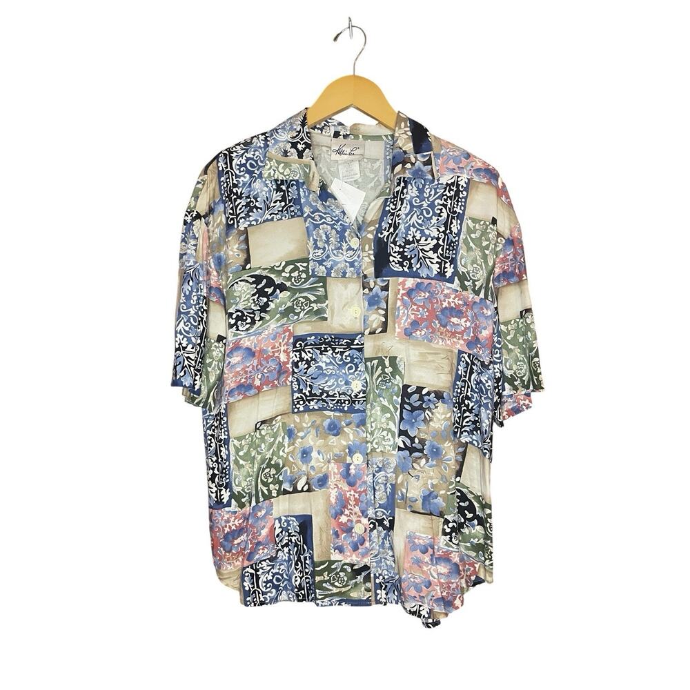 Vintage Kittie Lee Multi Pattern Button Up Short Sleeve Shirt Shorts Set Size 10
